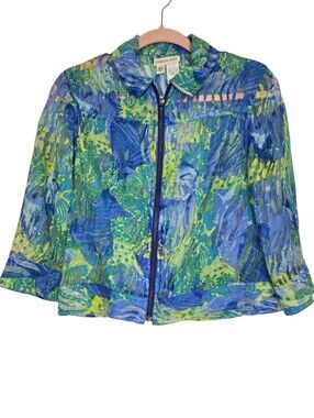 Coldwater Creek vine burnout full-zip jacket featuring sheer blue green pattern